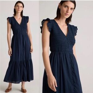 NWT Quince Dress Organic Textured Cotton Smocked V-Neck Midi Blue Womens L